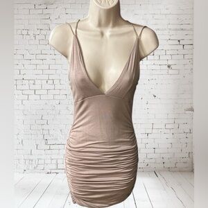 Ruched Beige Mini Dress